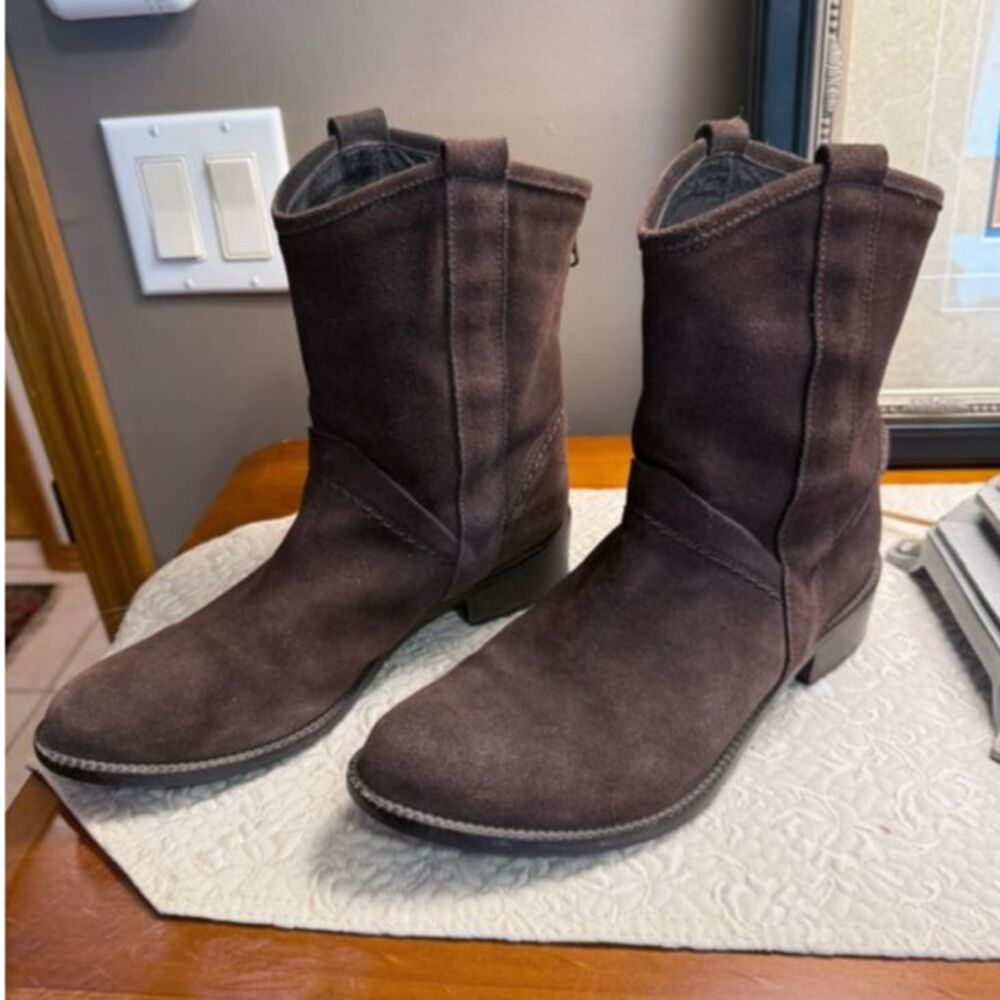 Brown Suede Western Cowgirl Ankle Boots Booties Back Zip Low Heel Italy Size 8